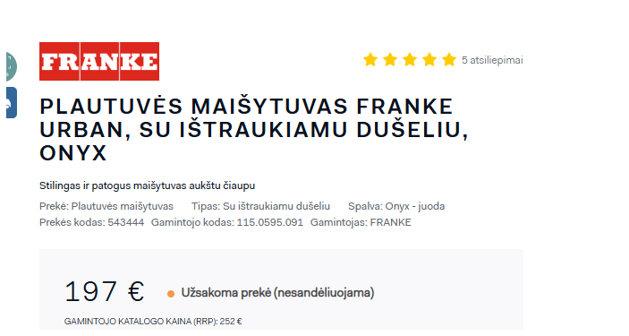 Franke Urban produkto informacija